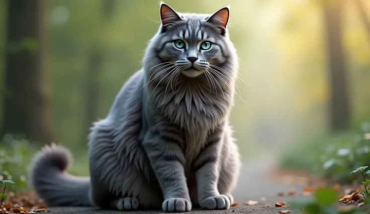 A majestic adult tabby cat, tall and strong, with sleek grey fur that glistens in the light. Its striking blue-green eyes exude intelligence and curiosity. The cat is posed confidently, showcasing its muscular build, set against a soft, natural background ...