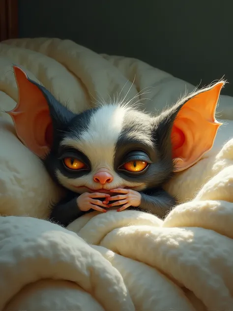 A tiny [evil gremlin with yellow shiny eyes] sleeps peacefully in bed, eyes closed and hands under chin, in the style of an oil painting. Dreamy atmosphere. Fine, realistic details 