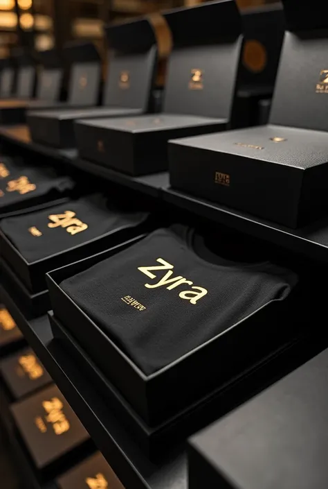 A modern showroom with Zyra black T-shirts neatly packed in branded Zyra boxes. The boxes are sleek and minimalist, with the Zyra logo elegantly embossed on the top. Each box contains a freshly folded T-shirt with the word "Zyra" embroidered in golden lett...