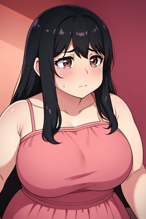 Chubby big breasts black hair brown eyes sad long hair messy blushing derdere dropping tears long pink dress with gold details