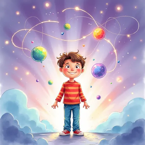 A hand-drawn watercolor and ink-style illustration depicting a magical scene of a  shrinking into the quantum world. The boy is centrally positioned, wearing a vibrant red-striped shirt and teal jeans, his face glowing with curiosity and awe. Around him, f...