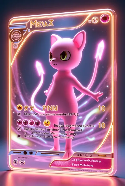 "A stunning 3D rendering of a Pokémon card featuring Mew ex, where the entire card is reimagined as a fully transparent, neon-lit 3D masterpiece. The card’s elements, including Mew, text, and symbols, are detached and rendered as glowing, three-dimensional...