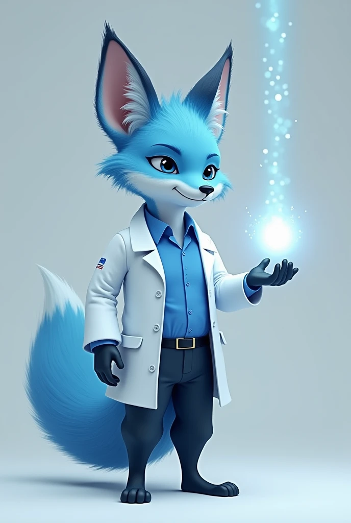 A blue fox wearing a doctors suit and shooting a beam of particles