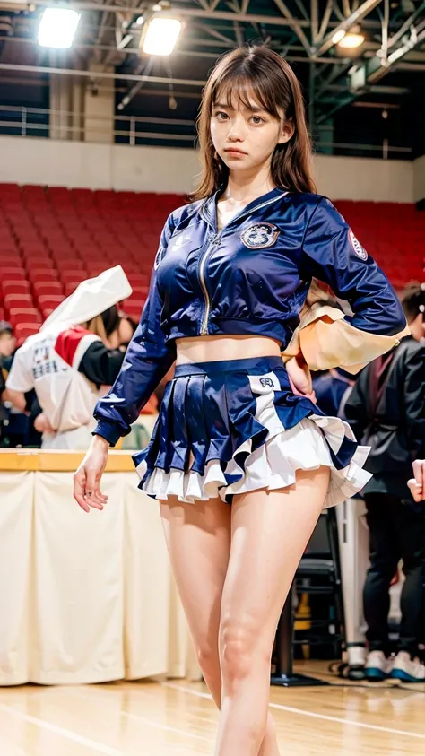 A beautiful young Japanese woman, 20 years old, with perfect anatomy, healthy thighs, beautiful feet, flawless skin, random hair color and style, large bust, wearing a cheerleader uniform with micro-pleated miniskirt, in a full-body shot, standing in a sta...