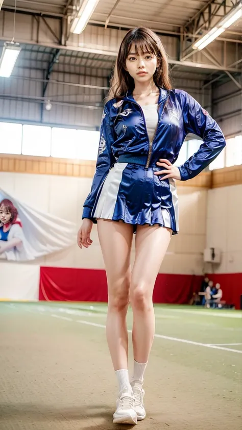 A beautiful young Japanese woman, 20 years old, with perfect anatomy, healthy thighs, beautiful feet, flawless skin, random hair color and style, large bust, wearing a cheerleader uniform with micro-pleated miniskirt, in a full-body shot, standing in a sta...