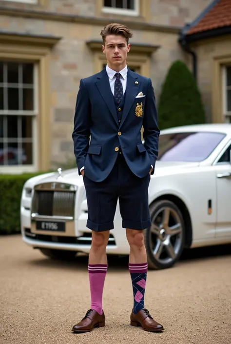 full body view, one preppy dapper young man with stylish preppy light brown haircut, looking arrogant and arritocratic, wearing navy blue blazer with a golden patch of nobility, white shirt, tie, big golden antique gold signet ring, navy blue corduroy golf...