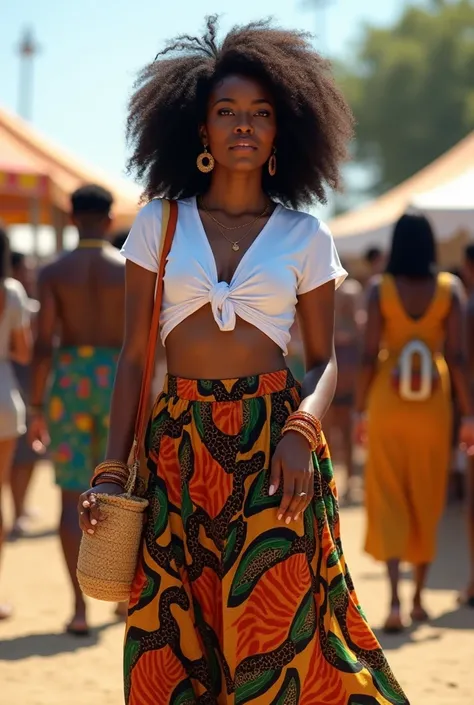 A curvaceous Black woman in a cropped white tee tied at the front, paired with a flowy, high-waisted Ankara maxi skirt in bold shades of orange, green, and black. She completes the look with flat sandals, a stack of bangles, and a woven bag, her hair style...