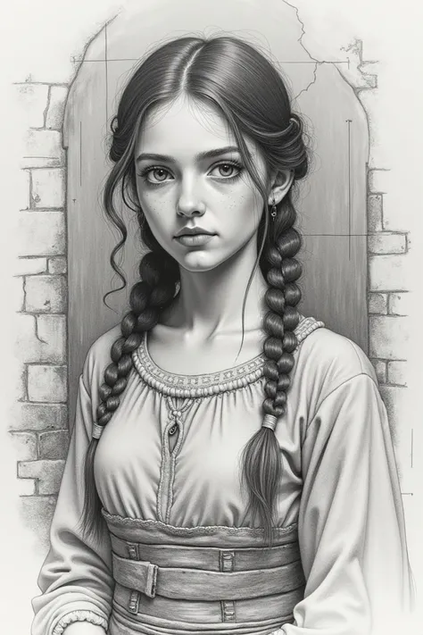 Generate an image that looks like a pencil drawing of a girl who seems to have low back resources 
And that it seems from the medieval years