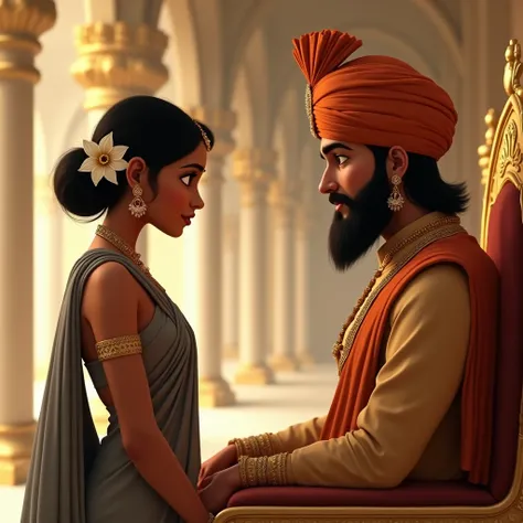 A dignified Indian woman, dressed in a simple grey sari with floral hair accessories, stands humbly before the king. Her head is slightly bowed, and her expression reflects a mix of humility and inner strength as she speaks. The king, seated on a grand gol...