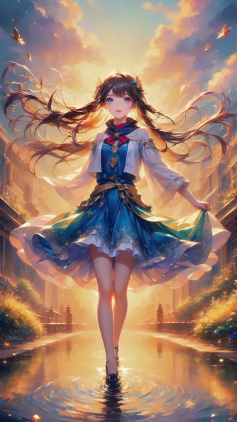 ( best quality, 8k, masterpiece,   super detailed ),  anime style,  a young girl is walking alone on the rainbow bridge that app...