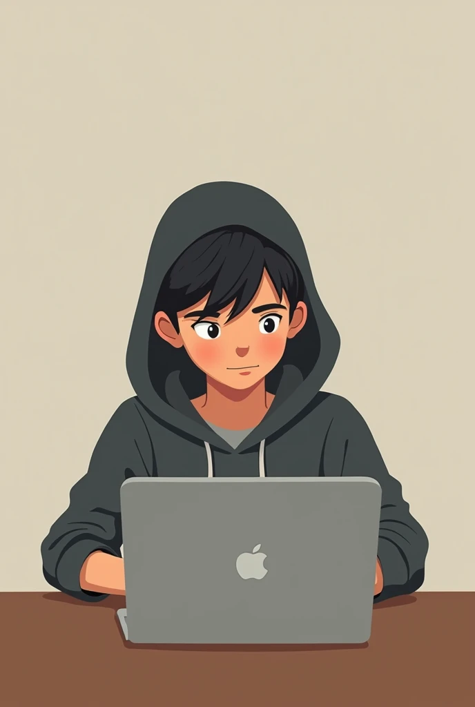 Creat animation of 18 years old boy with hood cap and sitting on chair and a table of laptop with eyes ahead