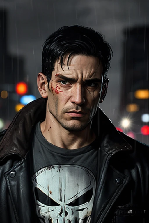  The Punisher with a hateful look,  a red scar on the eye , In the rainy night city  