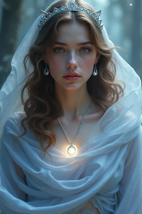  A young woman with wavy brown hair up to her shoulders ,  deep brown eyes and fair skin with an ethereal glow .  She wears a flowing cloak in shades of silver and blue .  Wears a simple silver tiara and earrings in the shape of a waxing moon, with a penda...