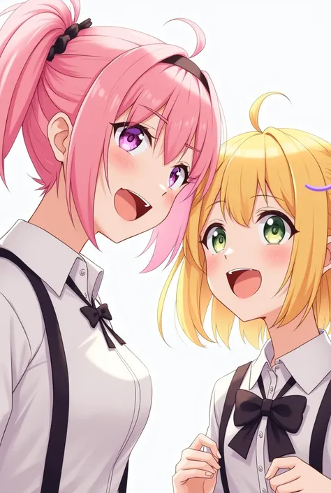 2girls, multiple girls, pink hair, blue eyes, hair bun, smile, blonde hair, open mouth, bow, pink eyes, looking at viewer, long hair, white background, simple background, single hair bun, bowtie, blue bow, :d, upper body, suspenders, shirt, white shirt, sh...