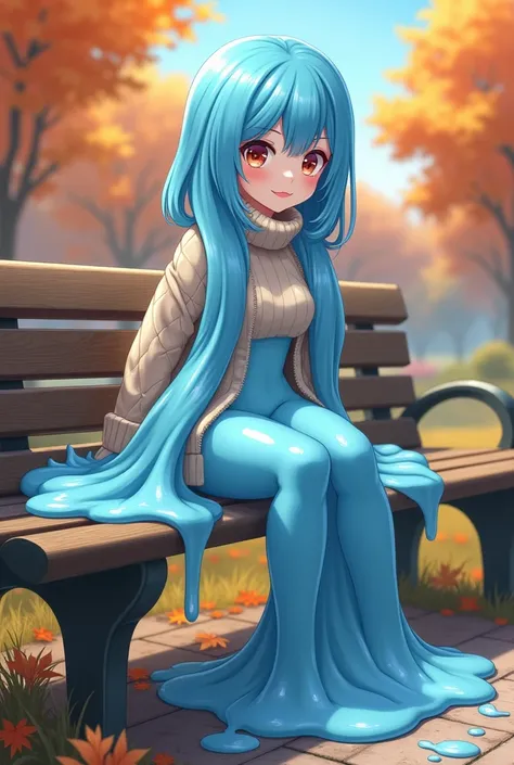 you can make a picture with a slime girl, i want this slime girl to be made entirely of sticky and blue translucent slime, i want her to be female with a nice body shape, i want her to be dressed in autumn clothes and to be sitting on a park bench in the a...