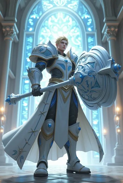 Create final fantasy style a man with short golden hair with blue eyes wearing large metallic white armor with blue ornaments holding a large metallic white combat hammer with blue ornaments in a white mana temple