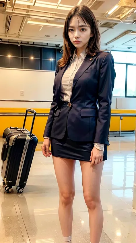 A beautiful, 24-year-old Japanese woman with perfect anatomy, healthy thighs, beautiful legs, beautiful skin, random hair color and style, large breasts, wearing a flight attendant uniform (1.3) with a mini-skirt (1.3), full body shot, pumps, carrying a su...