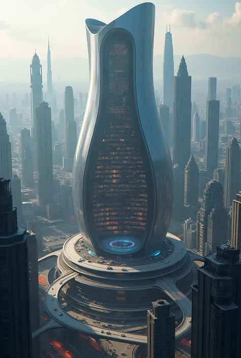 A futuristic city after 100,000 million years of modernity and development is a building in the shape of a circular jug with 
With windows and a hand grip that is a car road