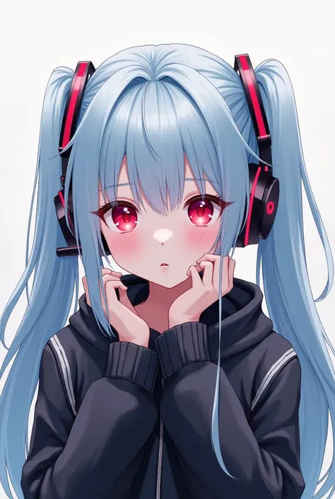  girl,anime, long haired,  light blue hair color , her hair is tied 2 ,red eyes, wearing a black jacket. 
 Listening to music on the handset that gamers are using. 