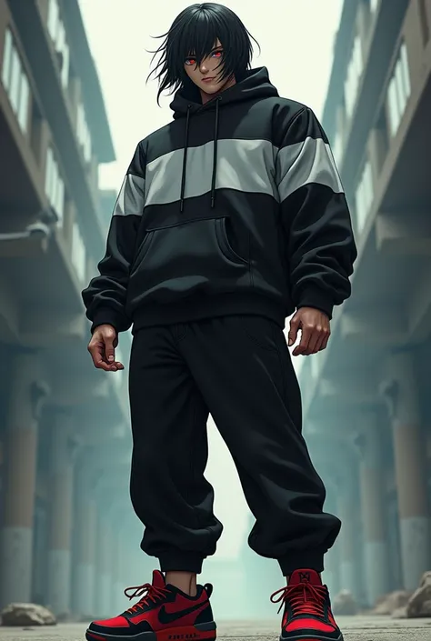 Anime character tall muscular man with medium black hair, black eyes and one hidden under his hair, a black and white sweatshirt, black pants and red and black shoes. 