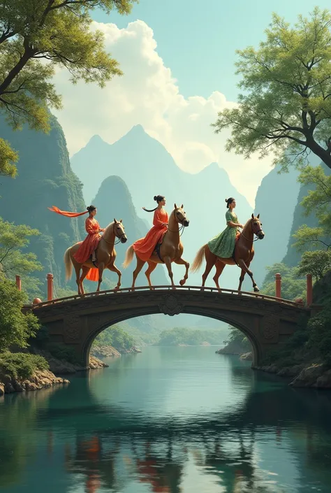 Three Asian women are riding horses on the royal wooden bridge