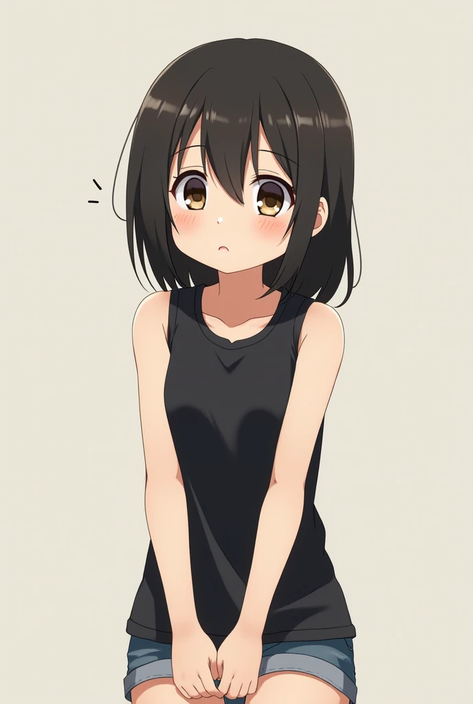 1girl, anime, black shirt, sleeveless, need to pee, hands between legs, knee together. 