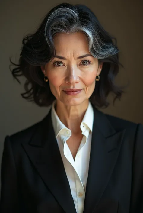 A woman in her 50s, her hair is black with streaks of white hair that give her beauty on top of her beauty, she is wearing an elegant suit and under the suit a white shirt that covers the beauty of her body, her eyes are like tree leaves, a very elegant an...