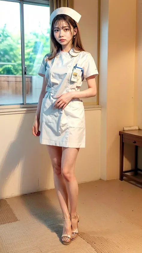 a beautiful young 24-year-old japanese woman, beautiful detailed anatomy, beautiful skin, random hair color and hairstyle, big breasts, nurse hat, nurse uniform, nurse cap, full body shot, high heels, hospital, (best quality,8k,masterpiece:1.3),(extremely ...