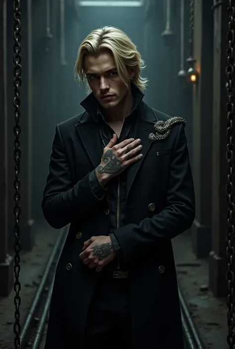 Imagine Victor, a handsome adult man with chin-length, medium-blond hair styled in layered cuts, blending rebellion with elegance. He stands in a dark, industrial chamber, the air heavy with tension and the faint metallic scent of steel. Chains hang loosel...