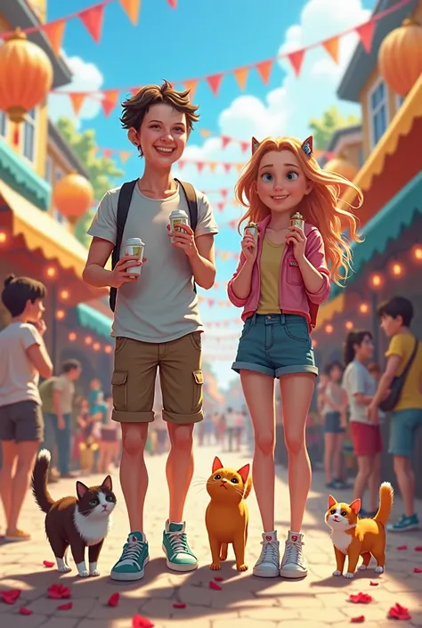 1 male, 1 female, at a festival scene, having fun, 1 cat brown-white, 1 cat orange