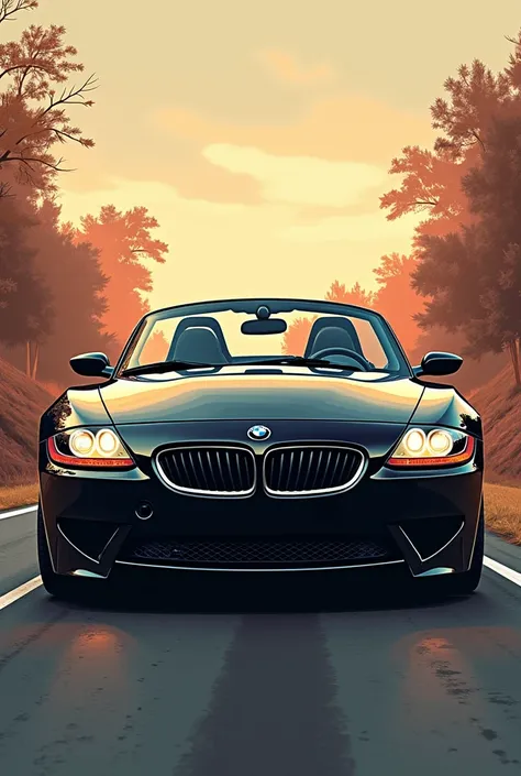 Magnifique BMW Z4 noire, 2005,design graphic vintage, beaucoup de détails, image vectorielle, très réaliste,  arrière-plan road abstrait, 