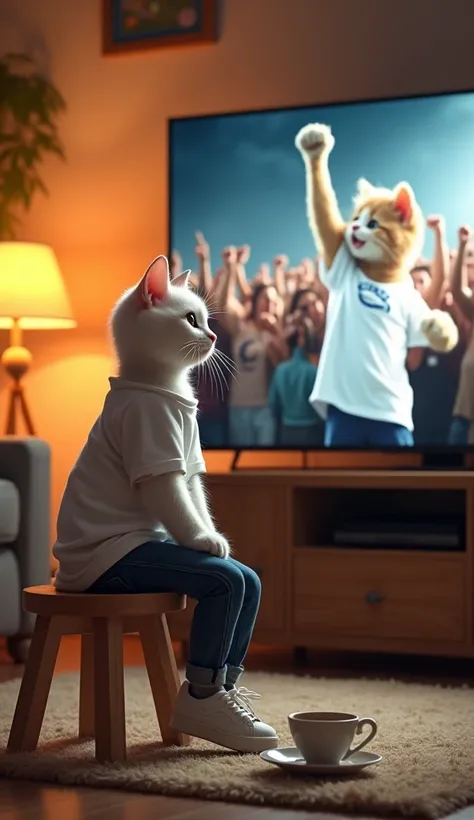 A touching and cozy scene of a white cat sitting on a wooden stool in a warmly lit living room. The cat, dressed in a casual white T-shirt and jeans with sneakers, is watching a large television screen displaying an emotional moment of another cat on stage...