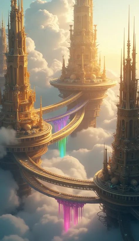 A floating metropolis with golden buildings and rainbow walkways among the clouds, fantasy theme ,high resolution,  high rendering scale,  silhouette 