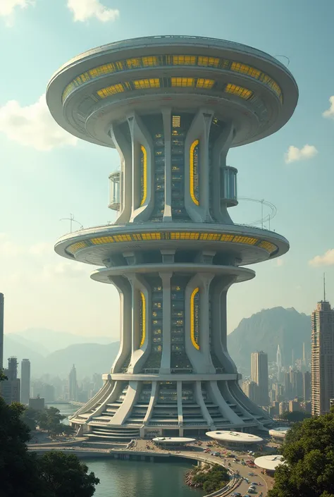 A futuristic city after 1000000000 million years of modernity and development is a building in the form of a large circular jug from the bottom with 
With advanced futuristic yellow windows and a hand held by cars