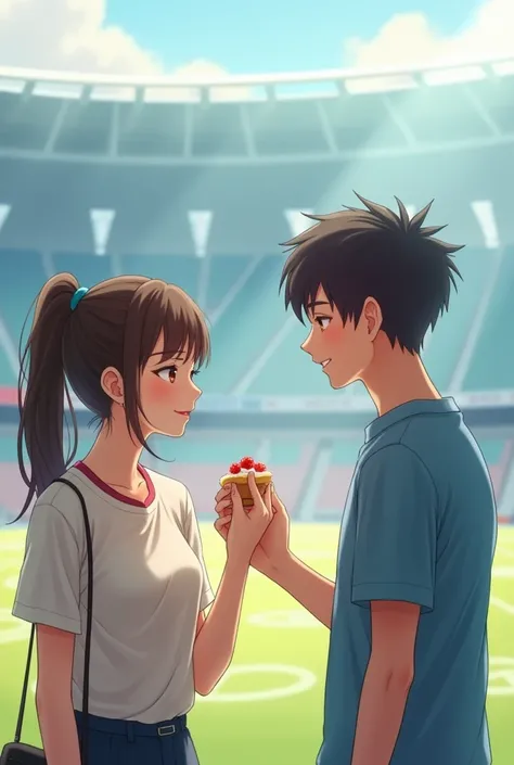 A woman tied her hair in a small student shirt, gave sweets to a short-haired man wearing a blue shirt next to the stadium.