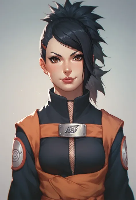 Naruto artstyle young adult female in a black, practical ninja outfit with long, sleek black hair, a 70s middle-part hairstyle, dark brown eyes, and fair skin. Use Mai Davika as inspiration.