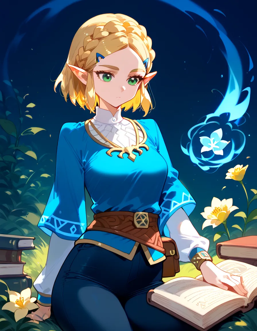 princess zelda  ,   1 girl ,   artist request , belt,   blonde hair  , blue   shirt, books,   boots, expressionless, whole body,...