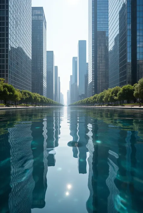 mirror-like water surface, a big city reflected upside down on the water, skyscrapers with mirror glass reflecting the light, the highest quality