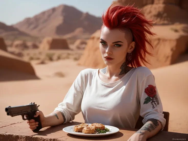 Alt-girl, White skin, red hair, green eyes, white shirt, light anti-balistic plate, blue jean, in the back of a pickup, in the middle of the desert, full arm punk tattoo, handgun in the right hand 