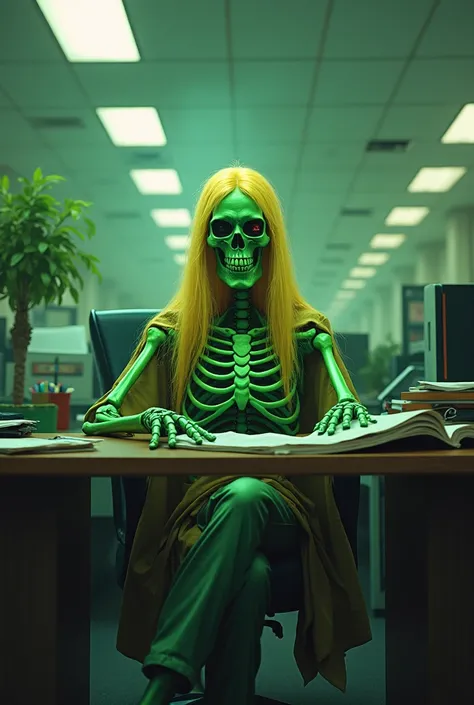 Green skeleton sitting in a office with blonde long hair and clothes that are also green and yellow eyes very pixelated 