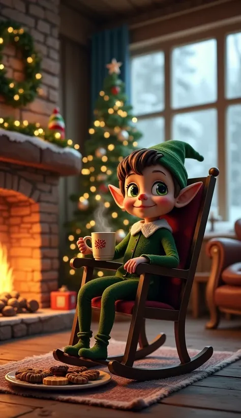  High resolution, HD.  An elf sitting in a rocking chair inside a wooden living room .  There is a large burning fireplace and a large Christmas tree with the lights flickering.  The elf has big green eyes, a small nose and freckles . He wears a green hat ...