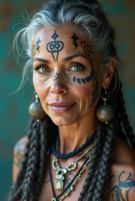 a full body close-up of a gray haird 50 years old sexy still very youthful looking woman with tattoos on her face, , Fractalpunk, intricate braided gray hair, portrait photo, beautiful female, white skin, she is dres sed in the clothes of an African tribe,...