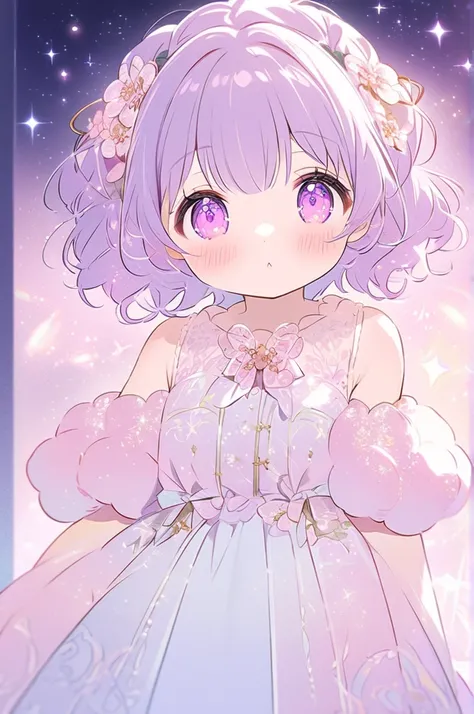  A charming and adorable with big shiny pink eyes and wavy purple hair that falls gently up to the shoulders.  She has a sweet and innocent expression , with a slight blush on her cheeks,  transmitting warmth and tenderness .  Her costume is fluffy and del...