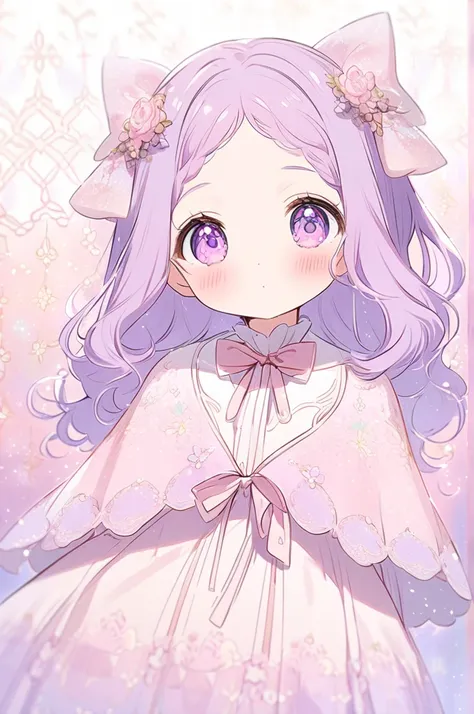  A charming and adorable with big shiny pink eyes and wavy purple hair that falls gently up to the shoulders.  She has a sweet and innocent expression , with a slight blush on her cheeks,  transmitting warmth and tenderness .  Her costume is fluffy and del...