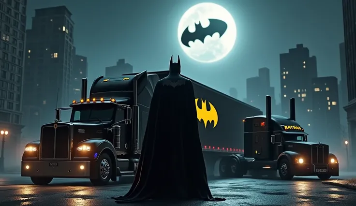 BATMAN standing next to his Semi-Truck covered in yellow and black batman logos and his BATMOBILE , batman light in the sky displaying GamerGeekNerd_, night setting