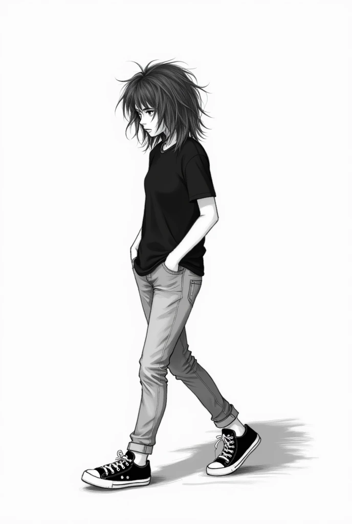 A sixteen year old girl is walking with her hands in her pockets, but her shadow is of a twenty one year old boy.. Art style: black and white drawing, non realistic looking the boys hair is unruly, and semi short, The girls hair is long, wavy, and semi dar...