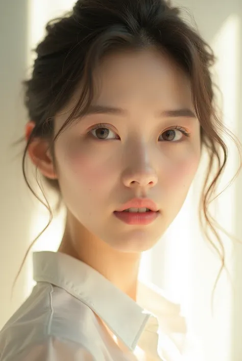 a close up of a woman wearing a white shirt and jeans, gorgeous young korean woman, smooth white tight clothes suit, beautiful smooth oval head, pale milky white porcelain skin, clear lips and high quality, beautiful south korean woman, wearing tight shirt...