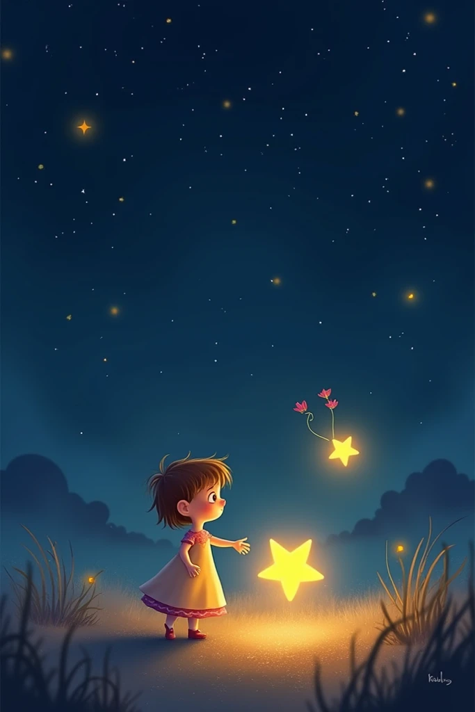 "A whimsical nighttime scene showing a tiny star named Sparkle glowing softly in a vast, dark sky. Nearby, a small, glowing firefly named Flicker hovers, their light blending into a magical, swirling dance. The other stars in the background watch curiously...