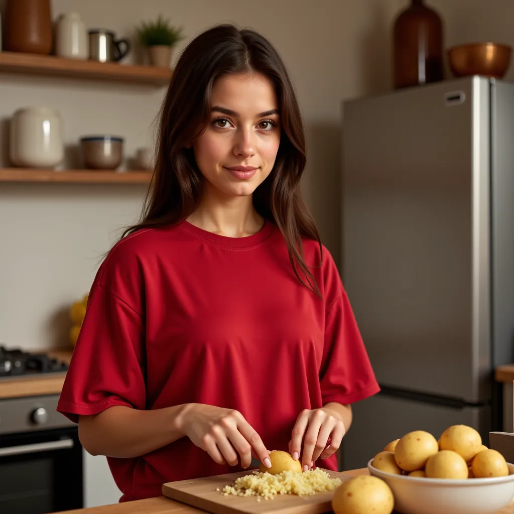 a young woman named Isabella peeling potatoes to prepare lunch, wearing an oversized red t-shirt,beautiful detailed eyes, beautiful detailed lips, extremely detailed face and skin, long eyelashes, warm and cozy kitchen interior, soft natural lighting, phot...