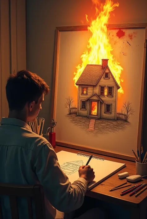 Draw a person drawing a house and then the drawing turns into reality and the house burns 